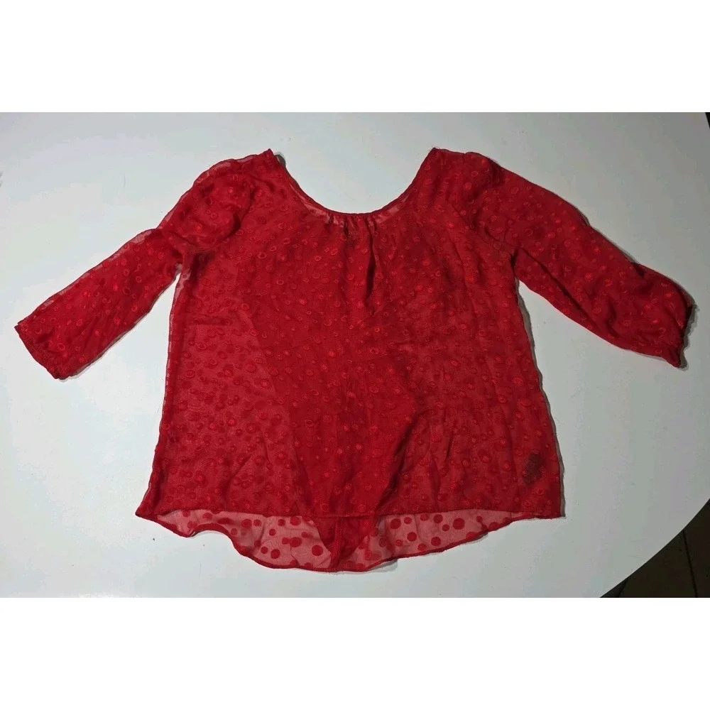 Vintage A. BYER Red Sheer Career Blouse PUFF SLEEVE Size XL Valentines - Picture 2 of 9